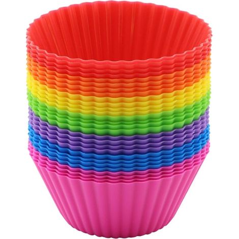 Juego de 28 moldes redondos de silicona para magdalenas, 7 colores antiadherentes, reutilizables para pasteles, pudines y tartas. (1/4)