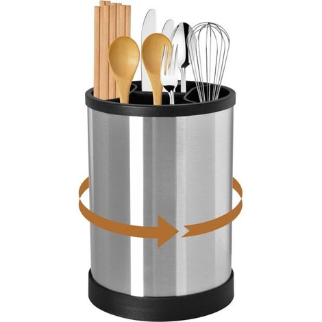 Pot Ustensiles Cuisine Pivotant à 360°, Porte Ustensiles avec 4 Compartiments, Grand Rangement Ustensiles Cuisine en Acier Inoxydable, Noir, 171212 cm