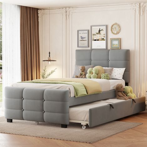 Lit gigogne enfant 90x190 cm – velours gris – tête de lit rembourrée – design minimaliste – sommier à lattes (1/5)