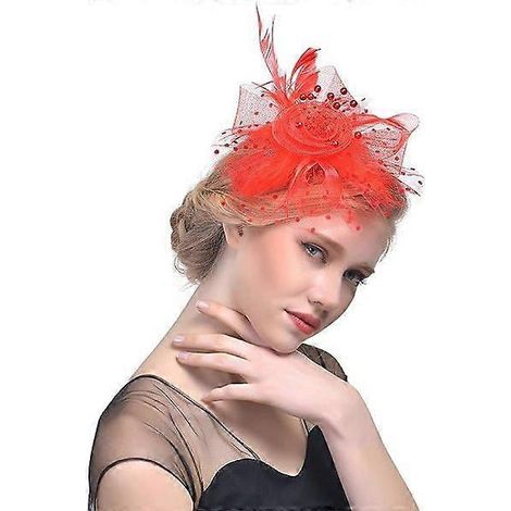 Fascinator-Hut für Damen, ideal für eine Hochzeit, einen Nachmittagstee, im Flapper-Stil, als Pillbox-Hut oder für ein Ascot-Turnier, verziert mit einer Federblume (rot). (1/5)