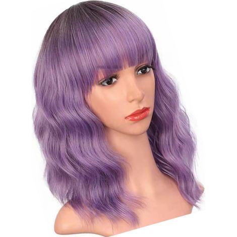 Perruque courte bouclée synthétique pour femme, violette avec frange, douce et légère (1/5)