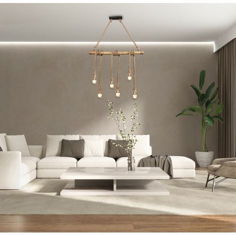Lampada Sospensione Led Interno Barra Bambu con corde 6 luci Wilma GD Trio (1/4)