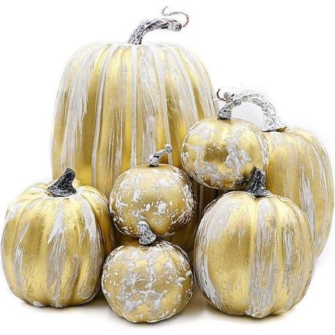 Citrouilles décoratives artificielles en mousse - WINLLINEE - Lot de 7 pièces - Or vieilli et blanc (1/5)