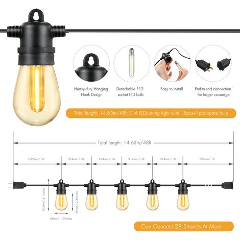 Ortviai Guirlande lumineuse extérieure S14 14,63 m, 15+1 ampoules LED E12, IP65, blanc chaud, 2700 K (1/5)