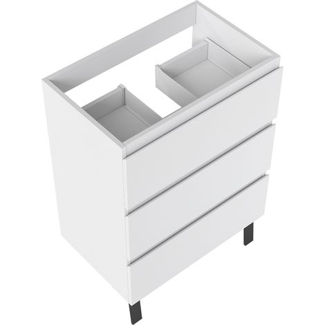 Meuble de Salle de Bain 60cm avec 3 tiroirs + 2 Pieds, Meuble sans vasque, Blanc