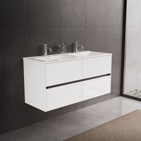 Inda - Badezimmerschrank mit 4 Schubladen, L. 120, mit doppeltem Hochglanzwaschbecken / Hochglanzweiß – diamante (1/5)