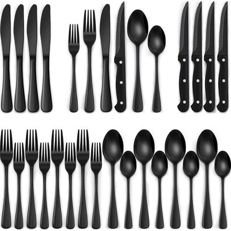 Ensemble de 24 couteaux à steak noirs pour 4 personnes, en acier inoxydable de qualité alimentaire, finition miroir, noir. (1/5)