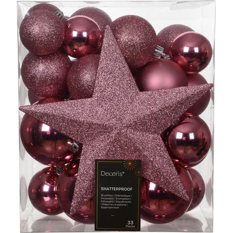 Set 33 palline di natale infrangibili mix finiture D 8 cm rosa tenue Peraga Christmas