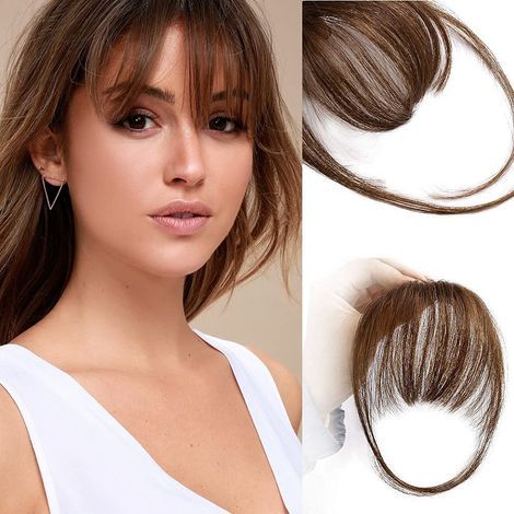 Clip-in-Pony aus 100 % Echthaar, kastanienbraun mit Schläfenpartie, Haarteil für Damen für den täglichen Gebrauch (luftiger Pony, mittelbraun) (1/5)