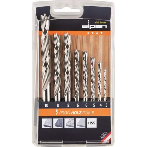 Alpen 600093100 - Hss-máquina de madera de madera spiralbohrer profi, 1x diámetro de 3, 4, 5, 10 mm y 2x 6, 8 mm como 8 piezas casete de plástico en