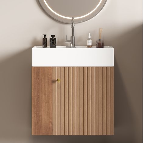 Mueble lavabo suspendido 69x52x32 cm, panel con relieve tridimensional, lavabo cerámico, MDF marrón (1/5)
