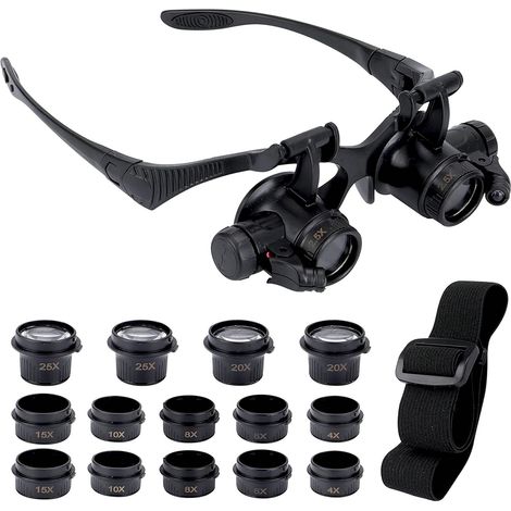 Lupa manos libres – 2 LED + 8 lentes (de 2,5X a 25X) – para reparar joyas y relojes (1/5)