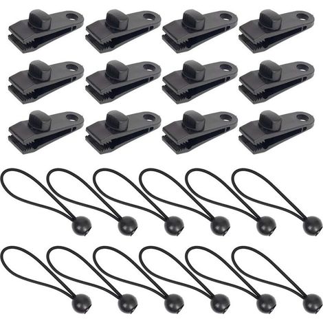 Set bestehend aus 12 Planenclips + 12 Gummispannern mit 15 cm Kugelenden, Planenclips mit Verriegelungsmechanismus, Greifschrauben, Clips für Outdoor-Planen, Zelte, Camping, Markisen (1/4)