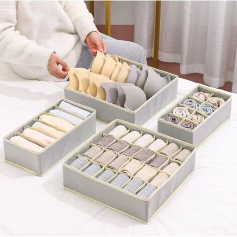 Gris,Organisateur de Tiroir Pliable, Lot de 4 Rangement Non tissé pour sous vètements Soutien Gorges Chaussettes Boîte de Rangement à Compartiment Diviseurs Rangement Gain de Place