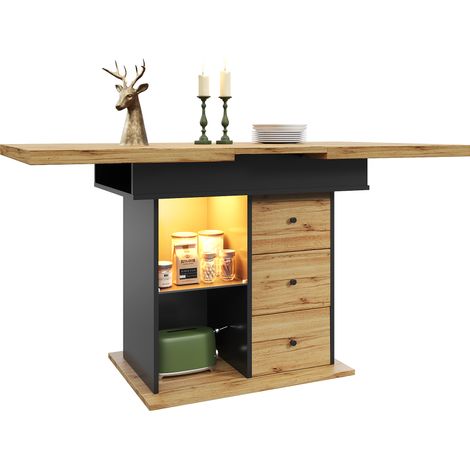 Mesa de Comedor Extensible para 4-6 Personas con 2 Cajones, Estantes Ajustables y LED 110-140×80×75 cm (1/5)
