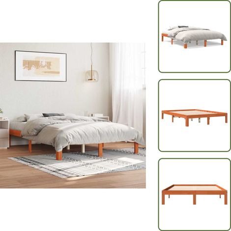 The Living Store Cadre de lit sans matelas cire marron 140x190cm bois pin massif - Cadre De Lit - Lit Double - Lit En Bois - Lit Design - Chambre À Coucher (1/5)