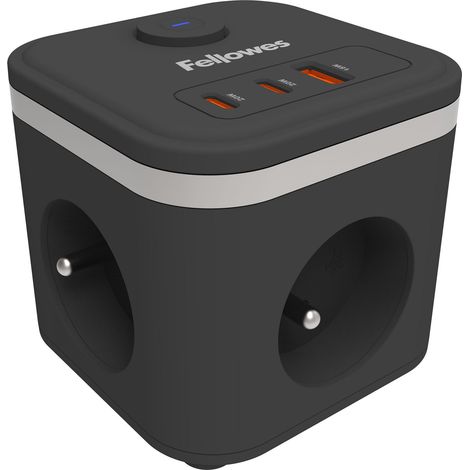 Multiprise compacte 3 Prises FR, 2 Ports USB-C, 1 USB-A, câble 2 m, Interrupteur Marche/arrêt – Chargeur Multi-Ports Gain de Place pour Bureau, Maison – Noir (1/5)