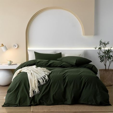 Parure de lit réversible en coton 135 x 200 cm - Vert foncé - Vert olive - Uni - Parure de lit pour chambre à coucher - Housse de couette et taie d'oreiller de 80 x 80 cm avec fermeture éclair (1/5)