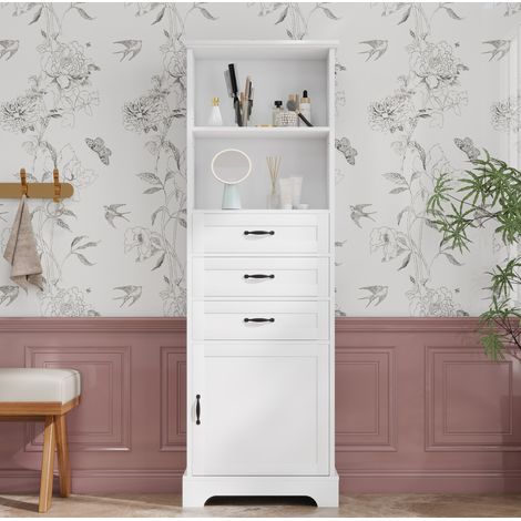 Colonne de salle de bains 56x25,6x167 cm en MDF blanche, 3 tiroirs, gain de place – MEUBLIV (1/5)