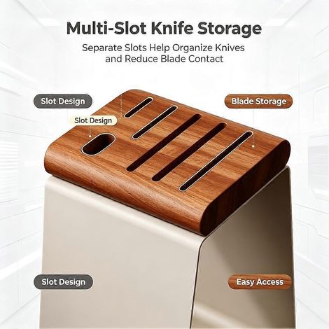 Bloc à couteaux universel, bloc à couteaux moderne en métal et bois couleur crème (couteaux non inclus), support de rangement de cuisine à 6 emplacements (1/5)