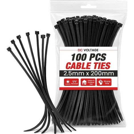 Lot de 100 serre-câbles noirs en nylon transparent de 2,5 mm x 200 mm - Résistance à la traction sécurisée - Multi-usages - Mécanisme autobloquant sécurisé pour la maison, le jardin (1/5)