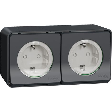 Schneider Electric – Prise étanche composable 2P+T schuko précâblée – IP55 IK08 – Pour installations extérieures – Design saillant gris (1/3)