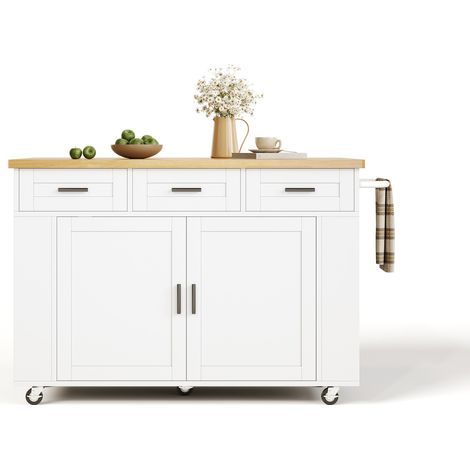 CHICFURN Îlot de cuisine sur roulettes avec plan de travail rabattable, meuble de rangement MDF blanc et bois clair, prises 2 AC + 2 USB, 120 x 45(70) x 84 cm (1/5)