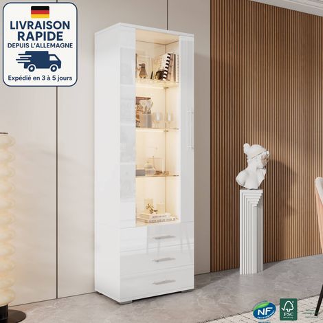 Vitrine 60x35x180cm - Bandes lumineuses LED contrôlables via une application mobile - 4 compartiments avec 3 tiroirs - contemporain - Blanc (1/4)