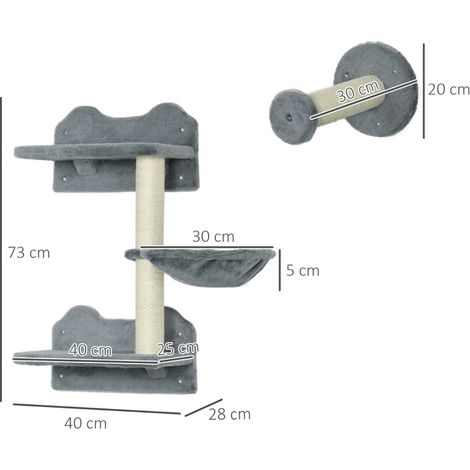 4 Piece Cat Shelf with Scratching Post, Wall-Mounted Cat Tree for Indoor Cat - Grey