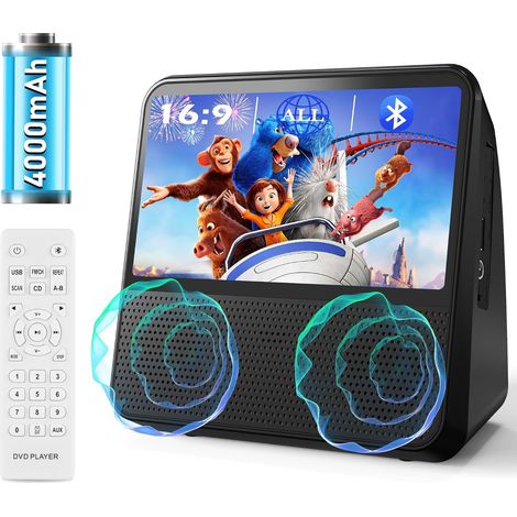 4000mAh Lecteur DVD Portable Rechargeable, écran HD 9,8" Lecteur DVD pour Voiture, Toutes Zones Libres, Compatible DVD/CD/Bluetooth/AUX/RCA/USB, Minuterie, Réglage de luminosité, Télécommande (1/5)