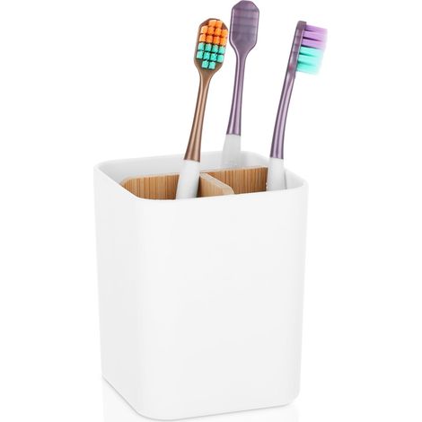 Porte-brosses à dents en bambou avec séparateur, base antidérapante 3 fentes, rangement tasse à drainage rapide, organisateur de comptoir salle de bain familial écologique (1/5)