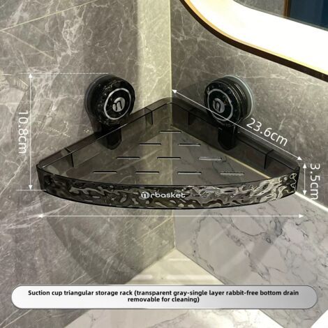 Étagère d'angle triangulaire transparente grise et argentée, sans perçage, à fixer au mur, pour salle de bain ou toilettes. (1/5)