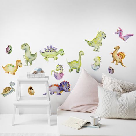 Sticker décoratif, stickers enfant dinosaures rigolos et joyeux dans un style aquarel, 68 cm X 24 cm (1/3)