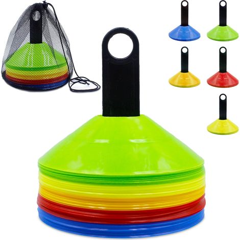 50 conos de entrenamiento de fútbol - Conos de marcaje deportivo con soporte y red, 5 colores para marcar el campo (conos redondos, material de entrenamiento de fútbol)