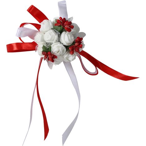 Magnifique bracelet de fleur en ruban pour mariée, demoiselle d'honneur, corsage de poignet, décoration de bal et mariage (Rouge) (1/5)