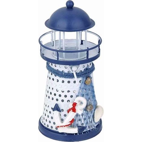 AIDUCHO Portavelas de hierro con forma de faro pintado a mano de 13,5 cm, decoración con temática playera - Ancla de hierro (1/4)
