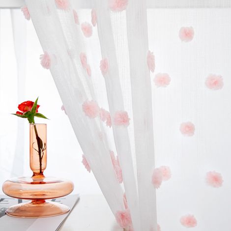 Rideau à Pompons Rose Chambre Enfant Fille 140x175cm Rideaux Voilage Salon avec Tulle Décoratif pour la Décoration de Maison Dressing Intérieurs à Oeillets Féerique et Romantique 2pcs (1/5)