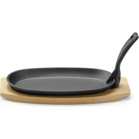 HENDI Gusseisenteller mit Holzunterlage und Greifzange, Schwarz, 280x140x(H)30mm (1/4)