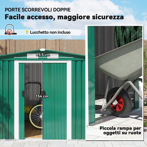 Abri jardin porte outils acier stratifié – Base et portes coulissantes – 258 x 206 x 178 cm – Vert