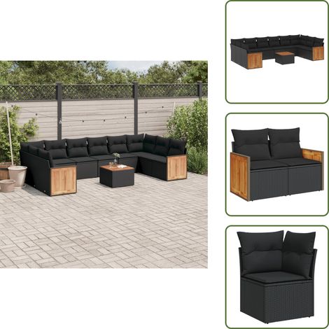 The Living Store 11-tlg. Garten-Sofagarnitur mit Kissen Schwarz Poly Rattan - Gartenmöbel - Outdoor Möbel - Rattan Gartenmöbel - Sofasatz - Esstisch Set (1/5)