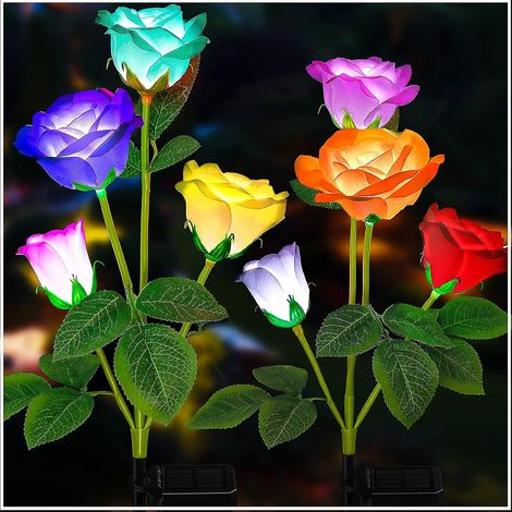 Lampes solaires de jardin - Nouvelle version de lampes solaires d'extérieur, guirlandes lumineuses roses à 7 couleurs changeantes pour la décoration de votre cour et jardin, panneau solaire agrandi, e (1/5)