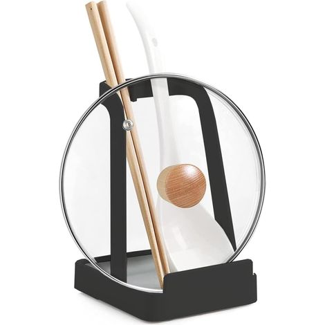 Porta tapas y cucharas con bandeja recogegotas extraíble - Acero - Soporte para tapas de ollas, espátulas, tablas de cortar, libros de cocina (Negro)