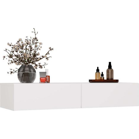 Topeshop – Coiffeuse murale 110 cm – 2 tiroirs – Panneau laminé robuste – Montage mural pour gain de place – Blanc
