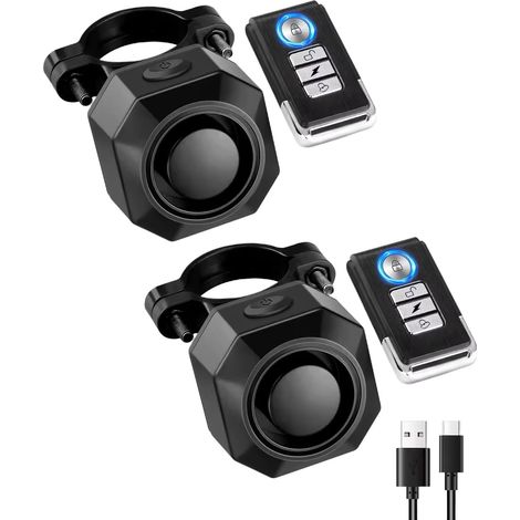 Lot de 2 systèmes d'alarme de vélo rechargeables sans fil pour vélo électrique, moto, scooter, voiture, Tailer USB-C Rechargeable (1/5)