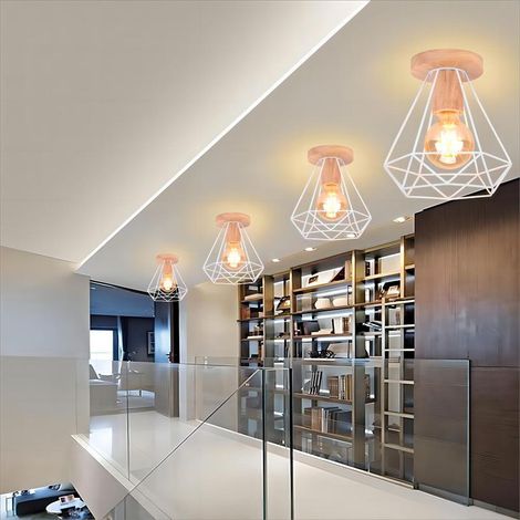 Rétro Diamant Plafonnier Industrielle Cage en Métal et Bois E27 40W Blanc 4PCS (1/5)