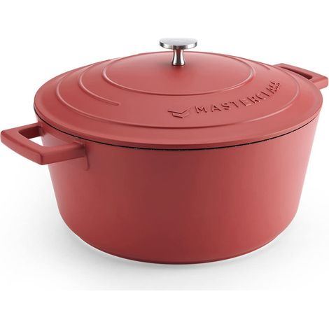 MasterClass Pentola grande con coperchio 5 l/28 cm, in alluminio leggero fuso, adatta per induzione, forno e fornelli, colore rosso (1/5)