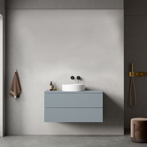 Mobile bagno sospeso cannettato 100 cm Blu Avio per Lavabo d'appoggio Senza Specchio - Fiji Paint Top Canneté (1/4)