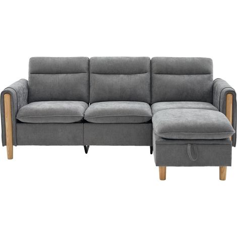 3-Sitzer-Ecksofa aus Chenille in Hellgrau mit Stauraumhocker und Seitentaschen (1/5)