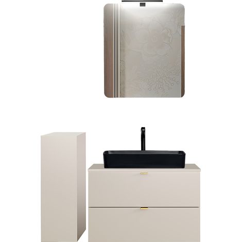 Badmöbel Set 3-teilig mit 80 cm Waschtisch & Spiegel mit LED-Beleuchtung, in Beige - DURANGO-56 (1/5)