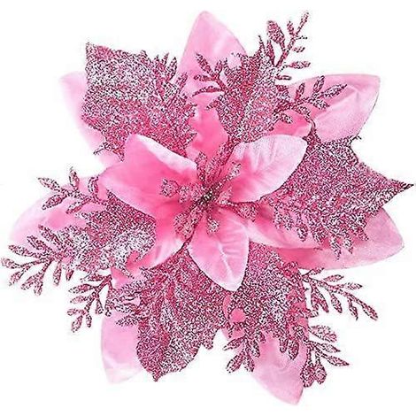 Lot de 20 fleurs de Noël brillantes Poinsettia avec clips, décorations scintillantes pour sapin, roses, accessoires de fête (1/4)